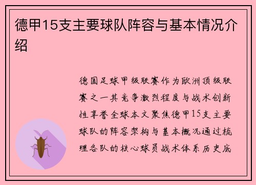 德甲15支主要球队阵容与基本情况介绍